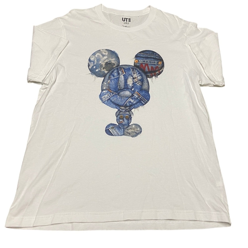 Uniqlo UT Disney Mickey Mouse Denim Patchwork Graphic T-Shirt White Sz XL